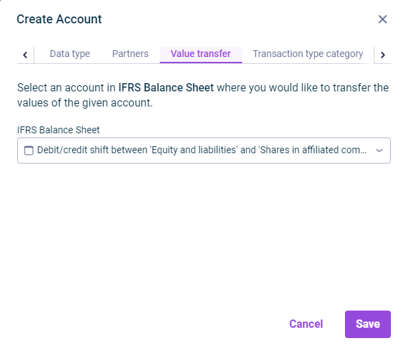 The 'Value transfer' tab in the 'Create Account' dialog is displayed.