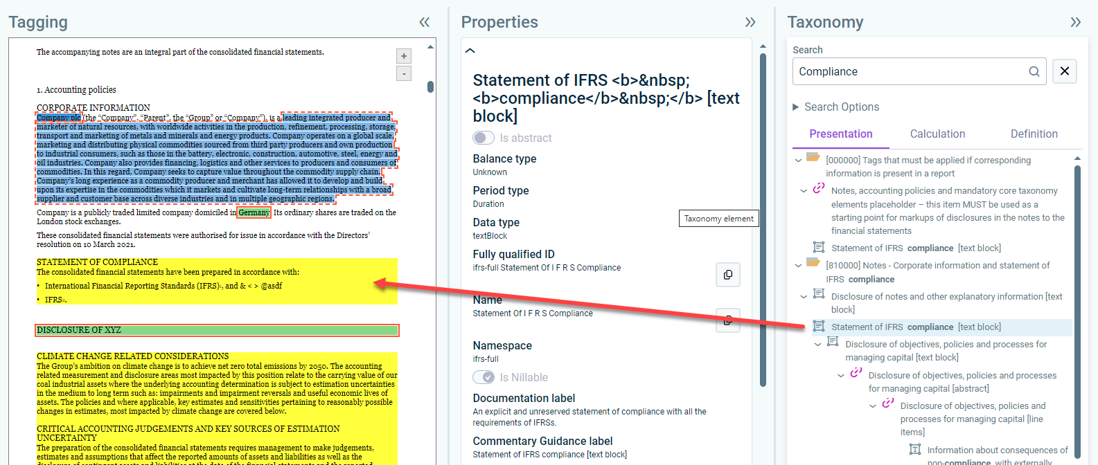 Part of the 'XBRL document' workspace. A red arrow from a taxonomy element to a text block in the Word document visualizes the drag-and-drop of tags.