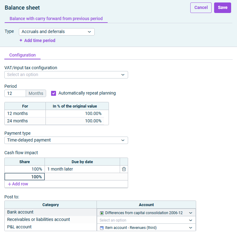 The dialog for configuring accruals and deferrals is displayed.
