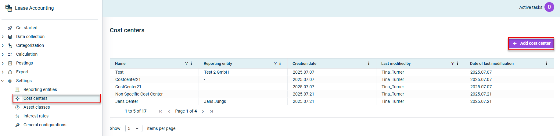 The cost centers workspace is displayed.
