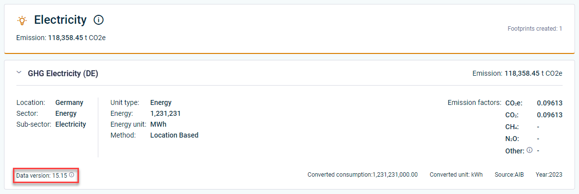 Shows a footprint created for electricity. Highlighted is the location where the data version of the emission factor is shown.