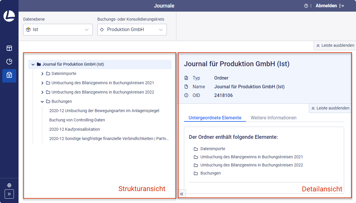 Der Arbeitsbereich 'Journale' wird mit der dazugehörigen Strukturansicht (links) und Detailansicht (rechts) angezeigt.