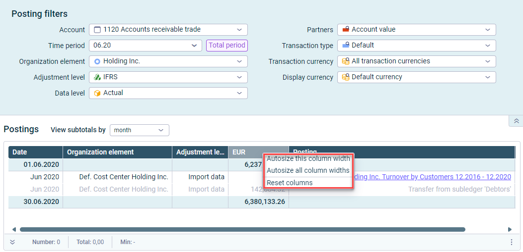 The option to adjust the column width is displayed in the 'Show postings' dialog. 