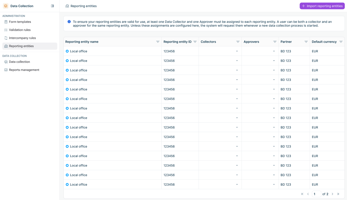 A list of imported reporting entities is displayed.