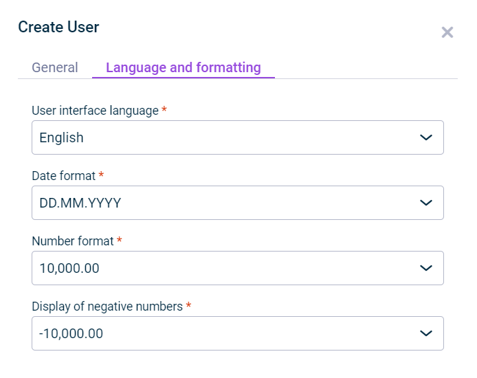 Displays the ‘Language and formatting’ tab in the ‘Create User’ dialog.