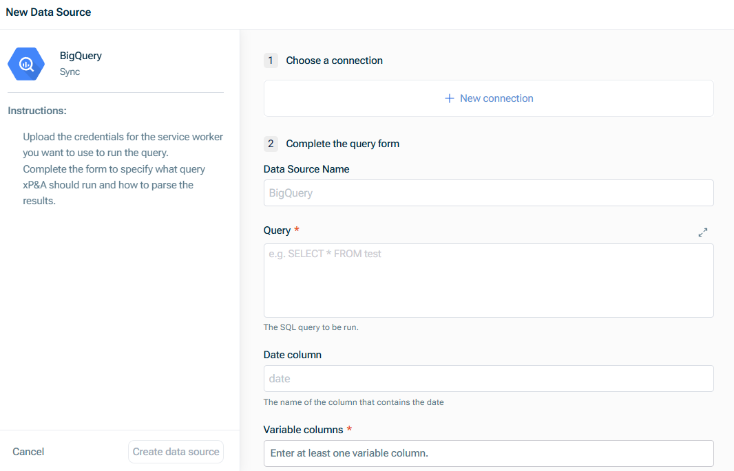 Shows the 'New Data Source' dialog for a BigQuery connection