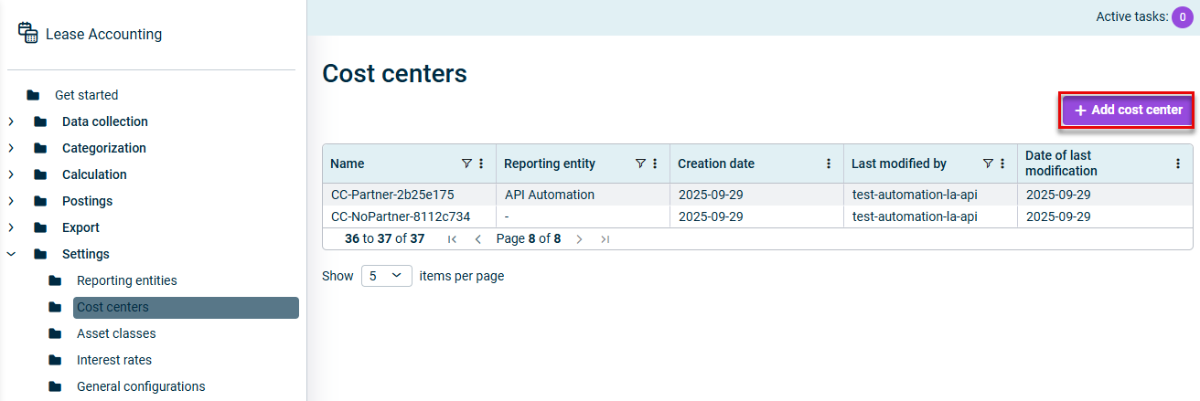 The dialog for adding a new cost center is displayed.