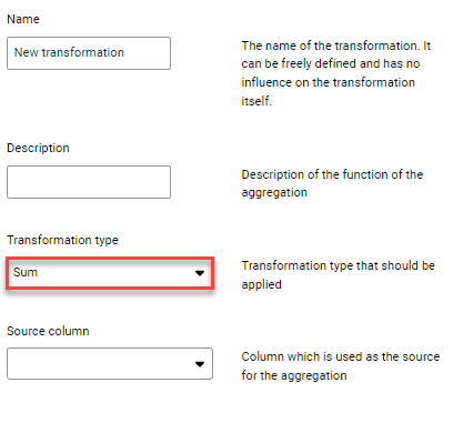 Displays the input fields for the configuration of the Aggregation of type Sum. The transformation type to be selected is outlined in red.