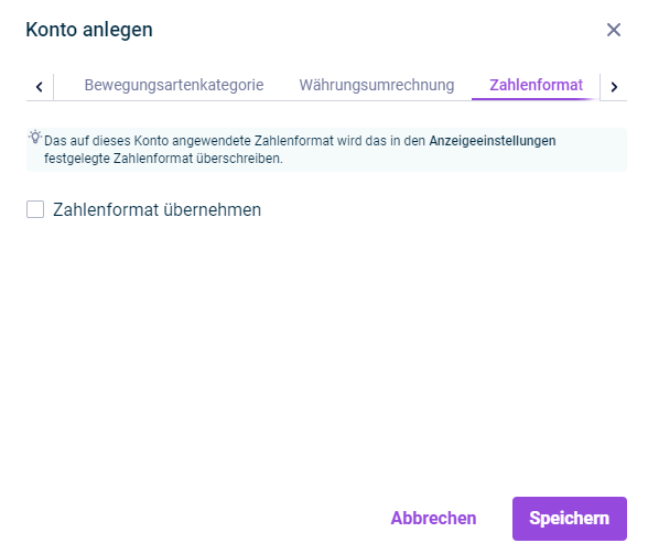 Der Reiter 'Zahlenformat' im Dialog 'Konto anlegen' wird angezeigt.