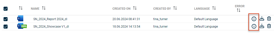 Excerpt from a history with three versions of a result document. All three 'i' icons displayed are outlined in red.