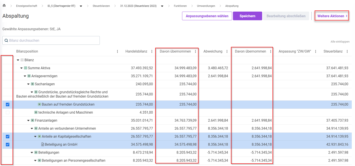 Gewählte Positionen und deren übertragenen Werte und Abweichungen