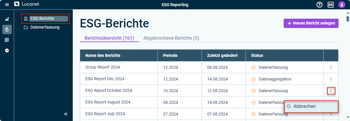 Der Arbeitsbereich 'ESG-Berichte' wird angezeigt. Die Option zum Abbrechen eines spezifischen ESG-Berichts ist rot hervorgehoben.