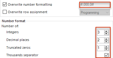 Display of advanced settings in MS Excel. The configuration of the number formatting and the corresponding preview are highlighted in a red border.