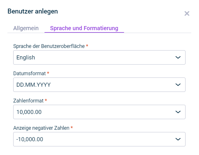 Der Reiter 'Sprache und Formatierung' im Dialog 'Benutzer anlegen' wird angezeigt.