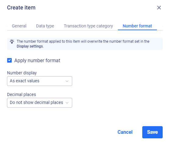The 'Number format' tab is displayed in the 'Create item' dialog.