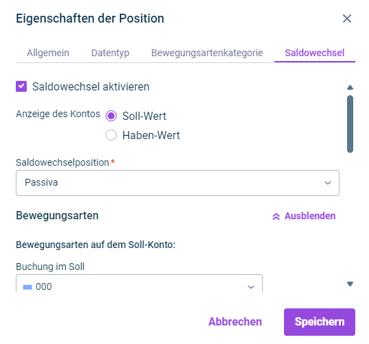 Der Reiter 'Saldowechsel' wird im Dialog 'Kontoeigenschaften' angezeigt.