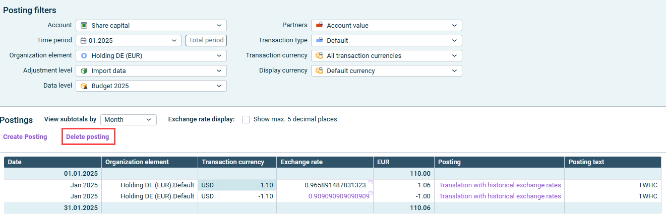 Shows the Posting filtes section of a Show postings dialog. Highlighted in red is the command 'Delete posting'