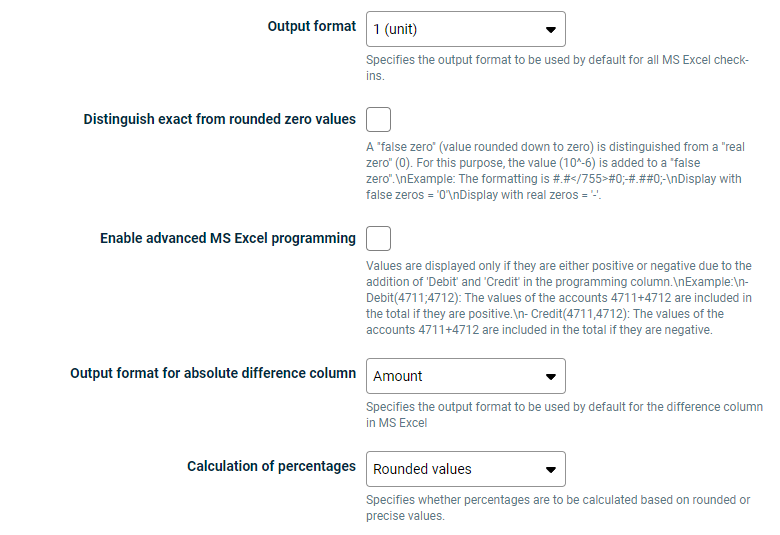 Displays the fields that can be configured in the document settings for displaying and programming values in MS Excel