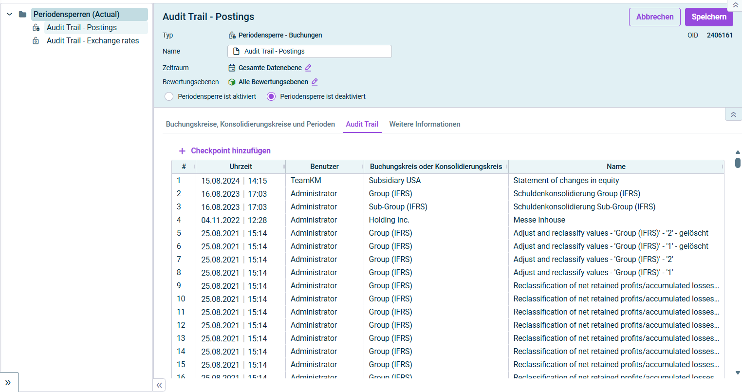 Zeigt den Reiter 'Audit Trail' einer Periodensperre