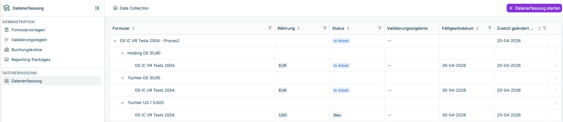 Es wird eine Liste mit Formularen angezeigt.