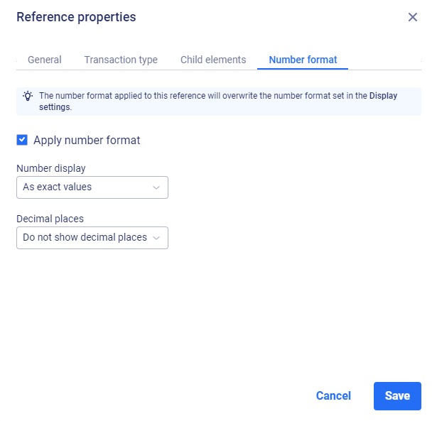 The 'Number format' tab is displayed in the 'Reference properties' dialog.