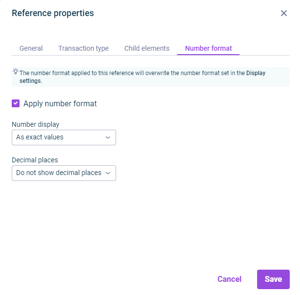 The 'Number format' tab is displayed in the 'Reference properties' dialog.