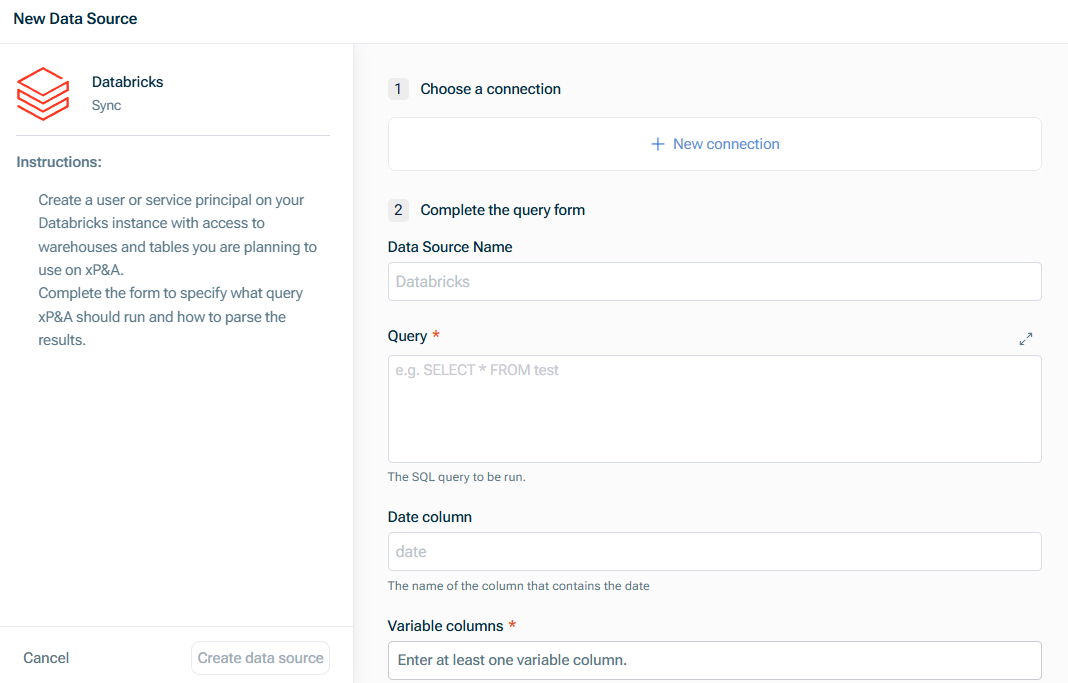 Shows the 'New Data Source' dialog for a Databricks connection