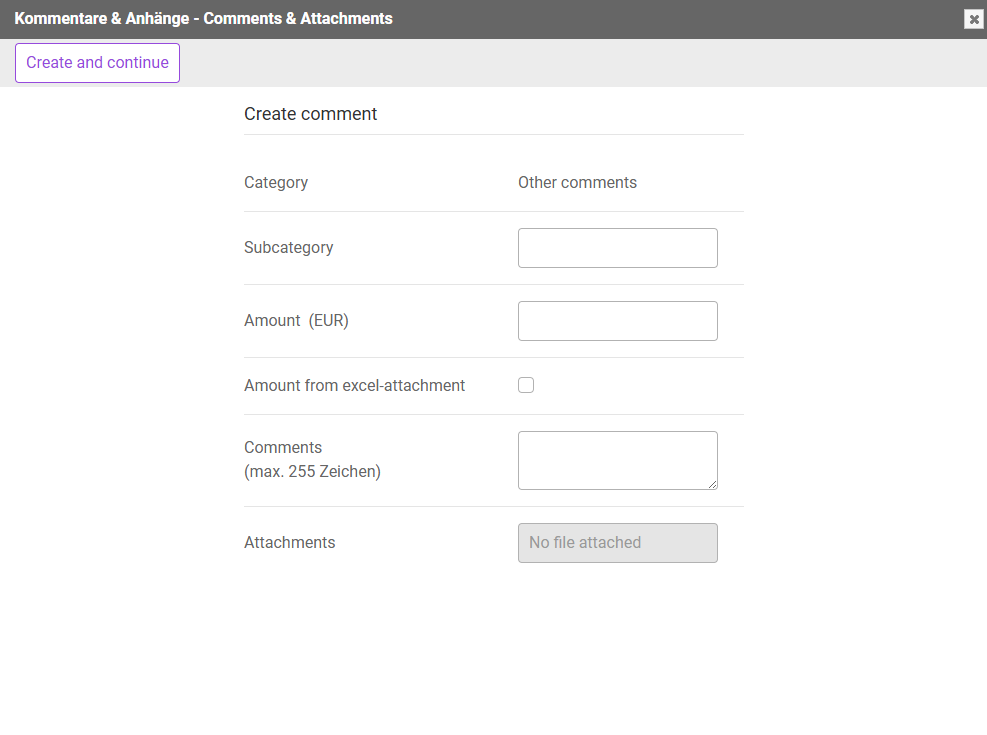 'Comments and attachments' dialog