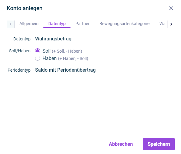 Der Reiter 'Datentyp' im Dialog 'Konto anlegen' wird angezeigt.