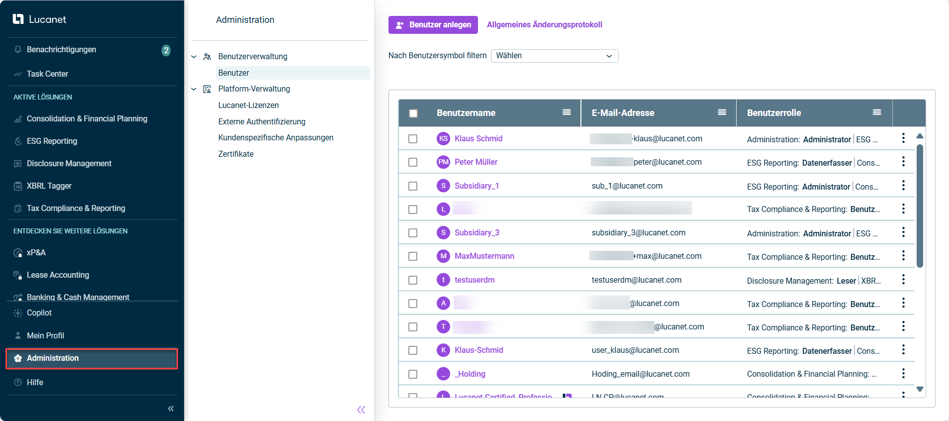 Die Benutzeroberfläche der Administration in der Lucanet CFO Solution Platform wird angezeigt.