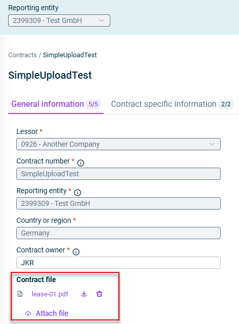An example of an uploaded contract under general information is displayed.