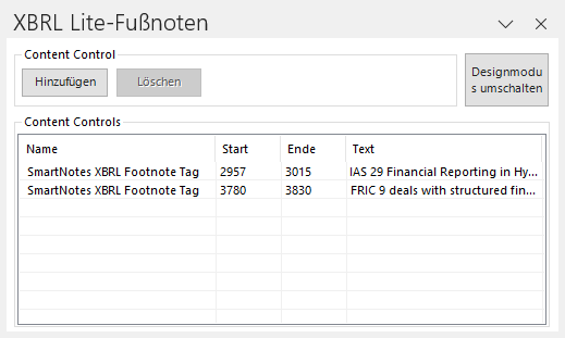 Das Fenster 'XBRL Lite Footnotes' in MS Word.