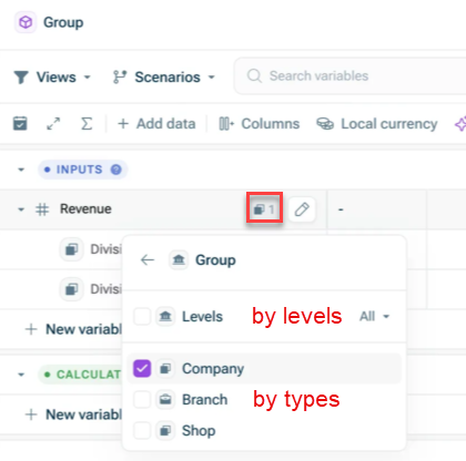 Shows the dimension breakdwon menu. Highlighted are the sections where you can select filtering by levels or by types