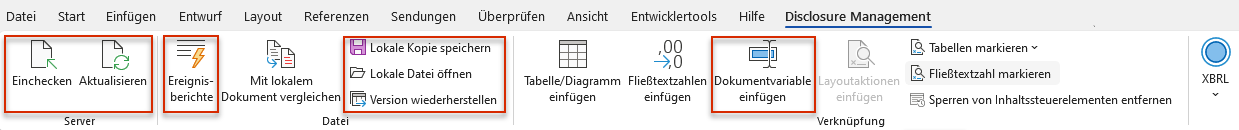 Der Screenshot zeigt das Word-Ribbon für das Disclosure Management. Die Bereiche 'Server' und 'Dateien' und die Schaltfläche 'Dokumentvariable einfügen' sind hervorgehoben.