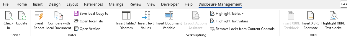 Displays the Word ribbon for Disclosure Management.