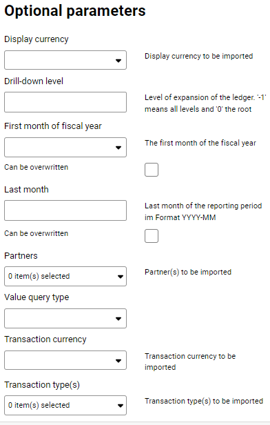 Displays the input fields for the optional parameters that must be specified when parameterizing a data source for import from a Lucanet database.