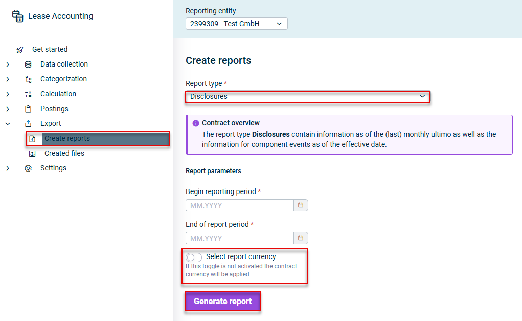 Displays the Create reports workspace. The report 'Contract overview' is selected as an example.