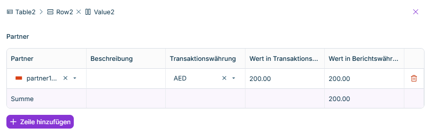 Drilldown-Dialogfeld mit einer einstufigen Liste der Einträge für lokale Konten, einschließlich der Spalten „Code“, „Beschreibung“, „Transaktionswährung“, „Wert in TC“ und „Wert in RC“
