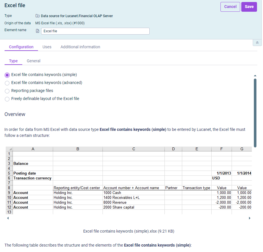 Tree view and detail view of a data source. The type 'Excel file contains keywords (simple)' has been chosen in the detail view.