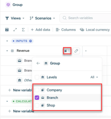 Shows the dimensions menu. Highlighted is the Dimension button and the section where you can select the types according to which you want to group your dimension.