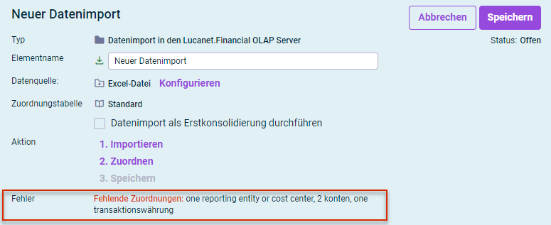 Detailansicht eines Datenimports. Es werden fehlende Zuordnungen angezeigt.