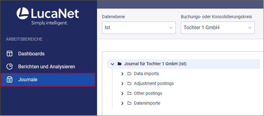 Der Arbeitsbereich 'Journale wird links in der Übersicht angezeigt.