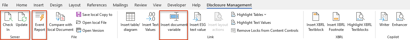 Displays the Excel ribbon for Disclosure Management. The 'Server' and 'Files' areas and the 'Insert Document Variable' button are highlighted.