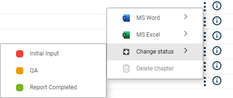 Displays the context menu for the 'Change status' menu command. The three statuses 'Initial input', 'QA' and 'Report Completed' are displayed in the submenu.