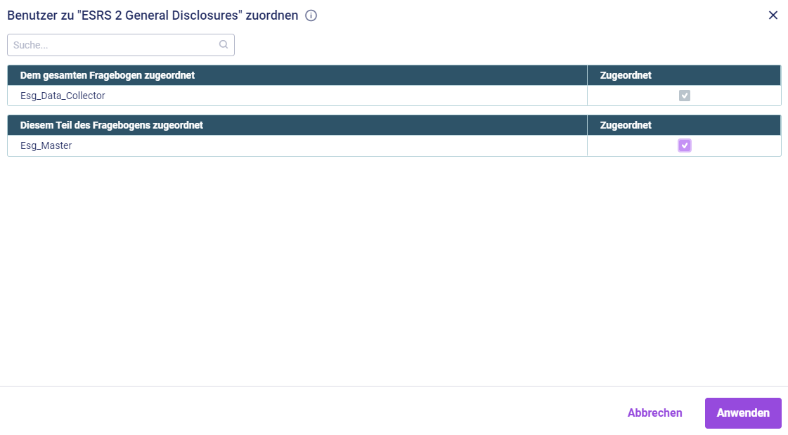 Der Dialog 'Benutzer zu 'ESRS 2 General Disclosures' zuordnen' wird angezeigt. Die Spalte 'Zugeordnet' und die Suchfunktion sind rot hervorgehoben.