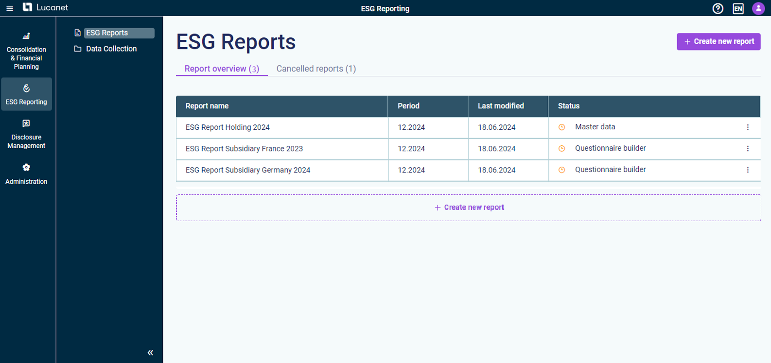 The user interface of the LucaNet ESG Reporting solution is displayed. 