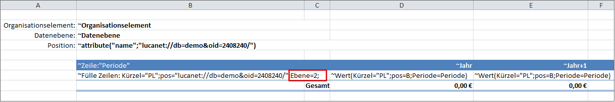 Zeigt einen Excel-Ausschnitt mit der Tildeformel Fülle Zeiler und dem Parameter 'Ebene'