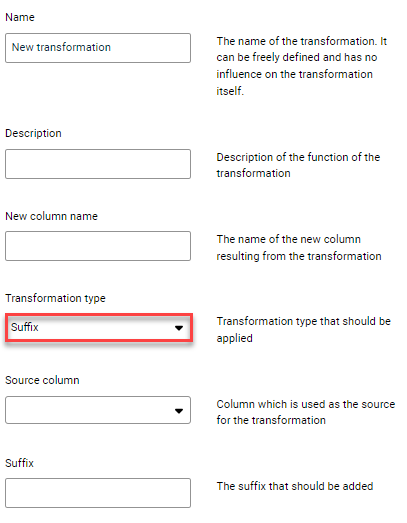 Displays the input fields for the configuration of the transformation of type Suffix. The transformation type to be selected is outlined in red.