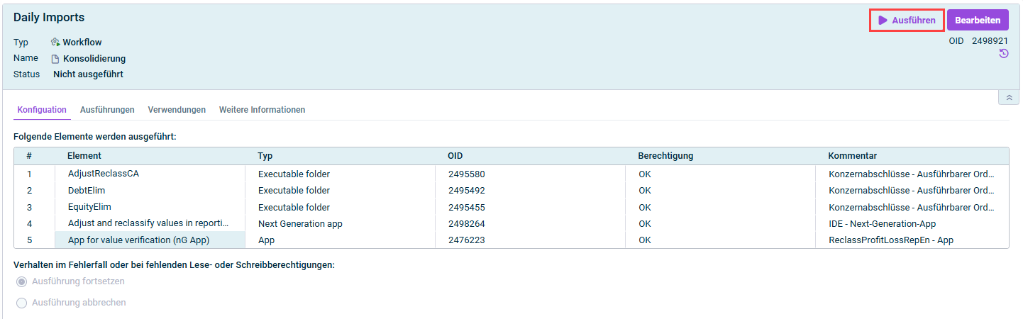 Zeigt die Detailansicht eines Workflows. Rot hervorgehoben ist der Befehl 'Ausführen'
