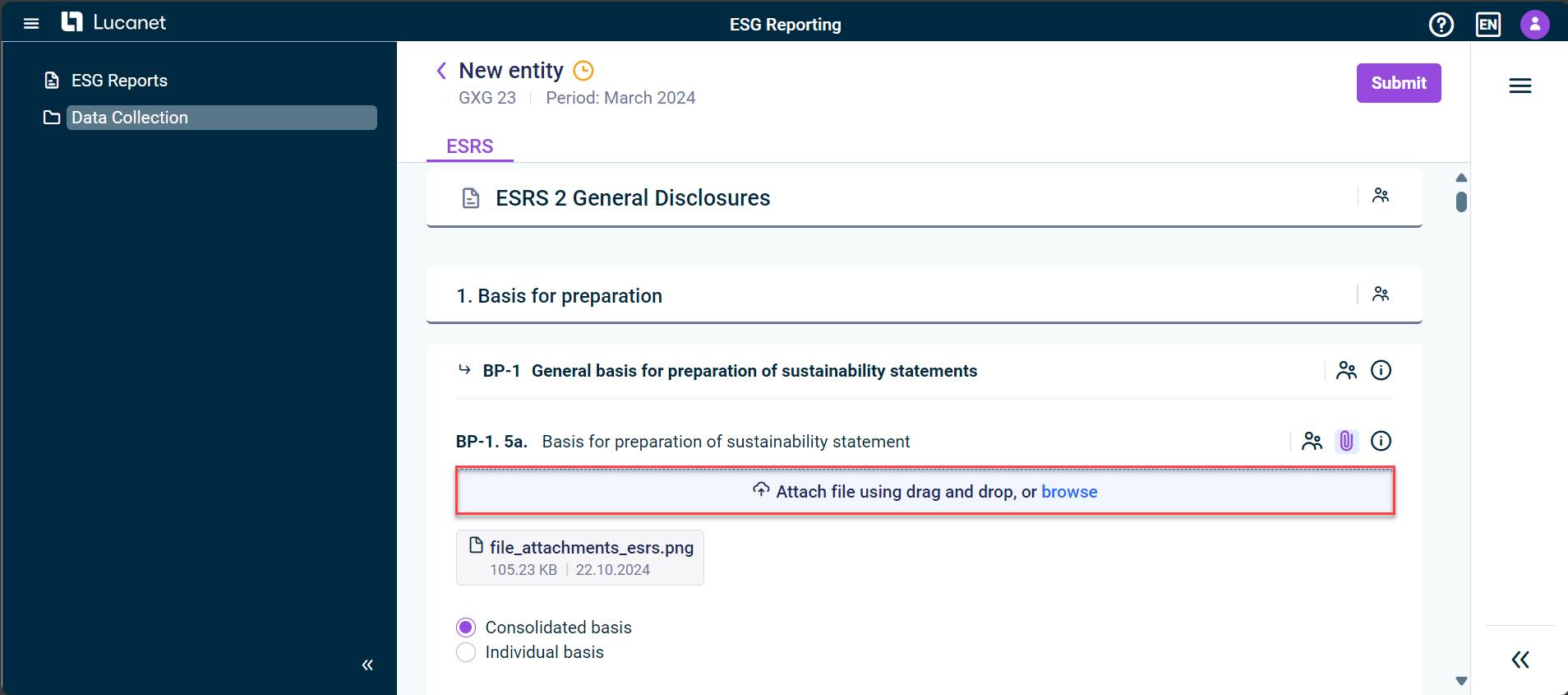 The ESRS tab is displayed. The 'attach-file' field is highlighted in red.